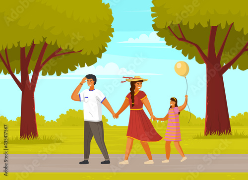 Happy family father, mother and daughter with balloon walking outdoors together summer day in city park with green trees. Smiling people holding hands. Vector friendly family leisure activity