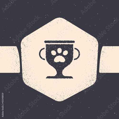 Grunge Pet award symbol icon isolated on grey background. Medal with dog footprint as pets exhibition winner concept. Monochrome vintage drawing. Vector