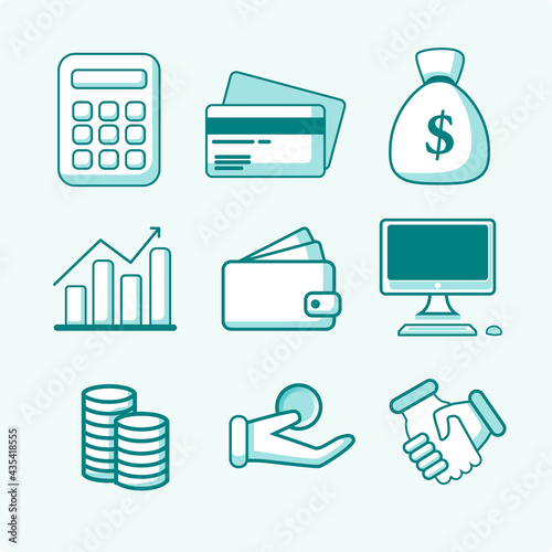 finance icon set with 2 color green and dark green such as calculator, debit card, money pocket, wallet, computer, coin, relevant for work with jobs accounting
