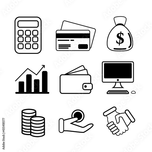 finance icon set only outline icon such as calculator, debit card, money pocket, wallet, computer, coin, relevant for work with jobs accounting
