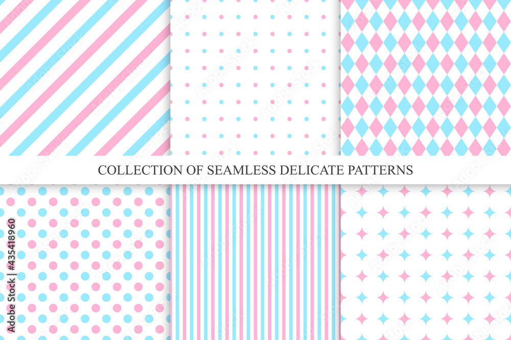 Collection of vector trendy seamless patterns - delicate design. Colorful repeatable fashion backgrounds Collection of vector trendy seamless patterns - delicate design. Colorful repeatable fashion backgrounds