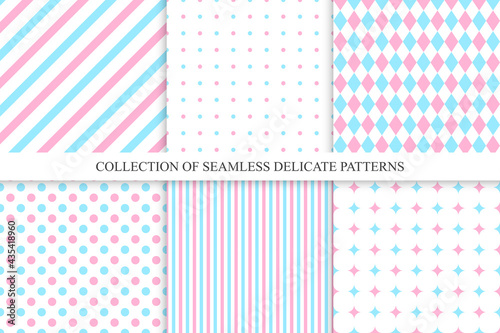 Collection of vector trendy seamless patterns - delicate design. Colorful repeatable fashion backgrounds