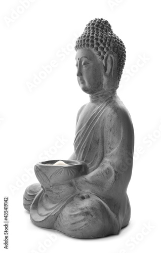 Beautiful stone Buddha sculpture with flower petals isolated on white