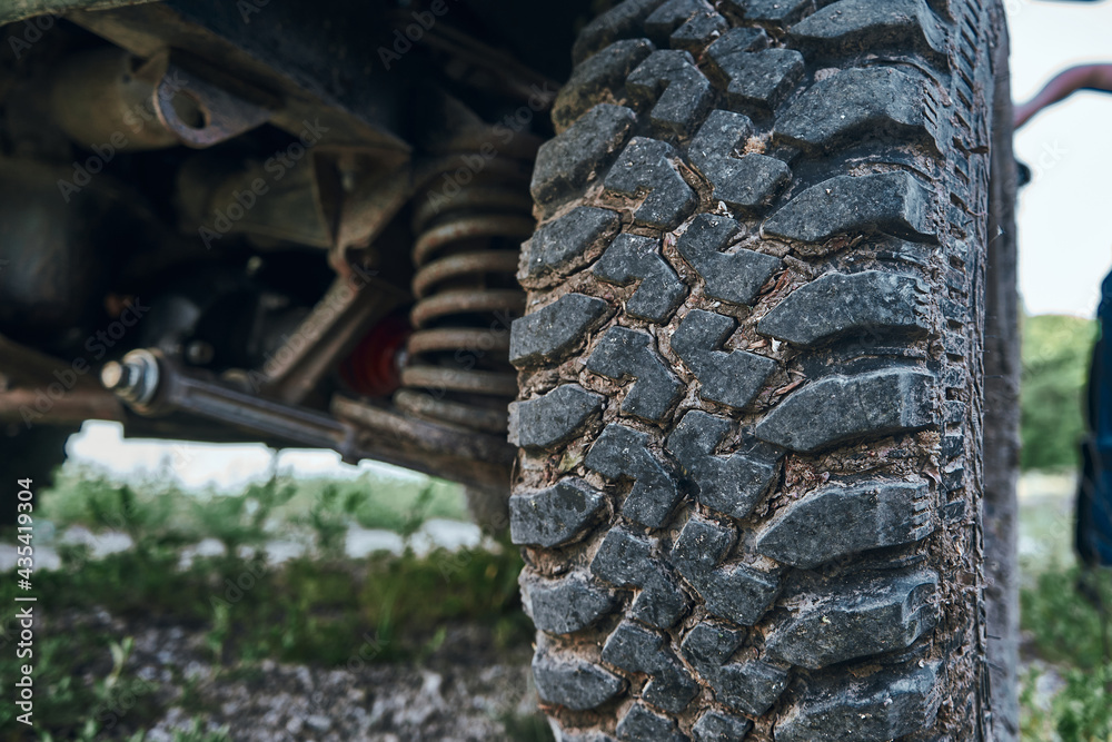 Tire treads in the mud, Jeep wheels Tire treads in the mud, Jeep wheels