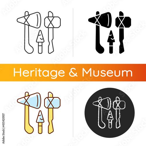 Stone age weapons icon. Hand axes, scrapers. Hunting, cutting up meat. Spears and arrows. Hammerstones. Cleaning animal hides. Linear black and RGB color styles. Isolated vector illustrations