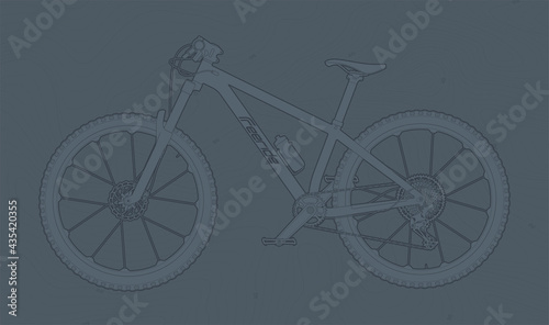 Vector mountain bike. Line art. Picture with lots of details. Blue background