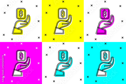 Set Hand holding Bitcoin icon isolated on color background. Blockchain technology, digital money market, cryptocoin wallet. Vector