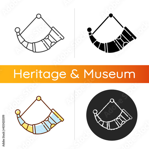 Drinking horns icon. Drinking vessel in viking household. Hand-crafted medieval good. Mead and beer. Ceremonial purposes. Linear black and RGB color styles. Isolated vector illustrations