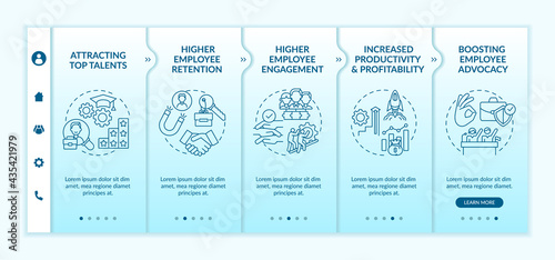 Organizational culture benefits onboarding vector template. Responsive mobile website with icons. Web page walkthrough 5 step screens. Talent, employee advocacy color concept with linear illustrations