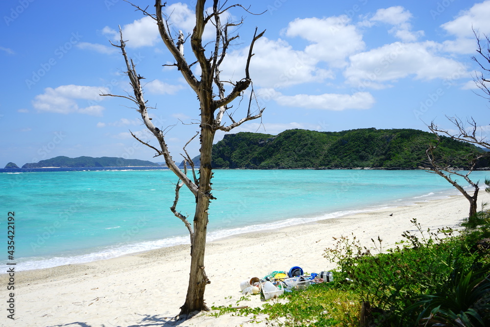 Beautiful tropical island. Calm waves on the blue water with trees. Ino Beach in Zamami island, Okinawa, Japan - 日本 沖縄 座間味島 イノーの浜	