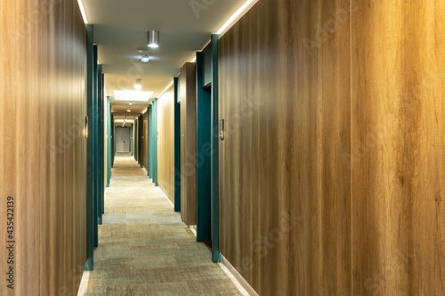 Carpeted corridor hallway interior with wooden walls