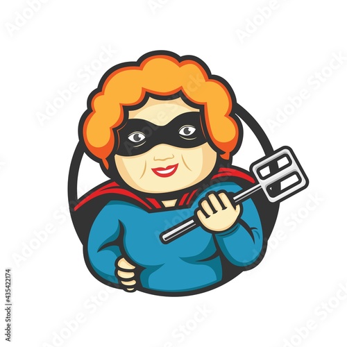 super grandma mascot logo cooking holding spatula