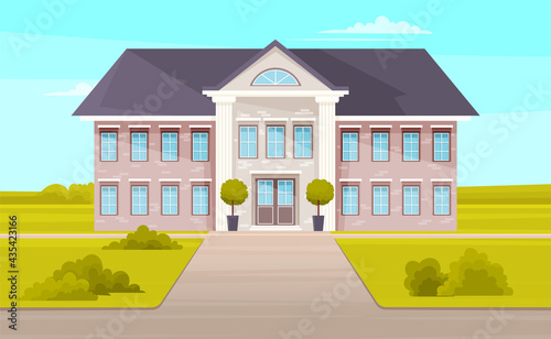 Two-story building with blue windows and roof on natural background. Two trees in pots next to front door. Large and beautiful nursing home. House for retirees and disabled people, brick construction
