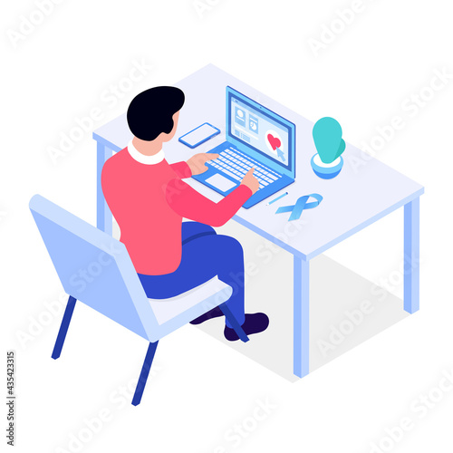A man visits a medical site looking for useful information. Medical information technology. Man's health. Vector Illustration in isometric style isolated on white background. 