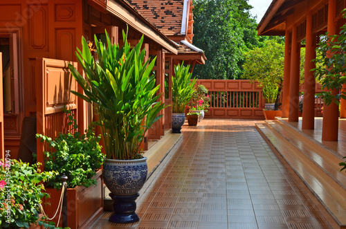 Beautiful ornament plants on balcony of beautiful teak house