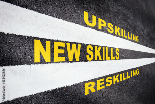 New skills development concept and changing skill demand idea. New skills, reskilling and upskilling written on asphalt road with white marking line