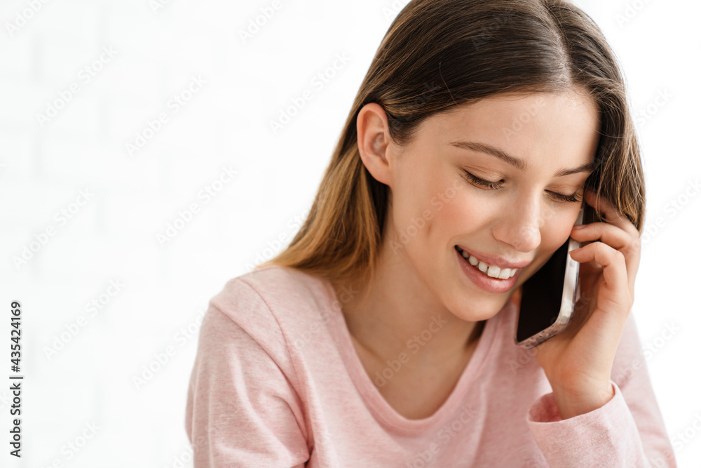 Happy young white casual woman talking Happy young white casual woman talking