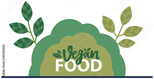 Vegan logo vector illustration. Promotion of eating products of plant origin. Organic natural plant-based fresh food. Bush labeled vegan food hand drawn illustration. Vegetarian eco green concept