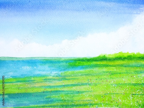 watercolor landscape summer lake mountain and green field with blue sky.hand drawn on paper. 