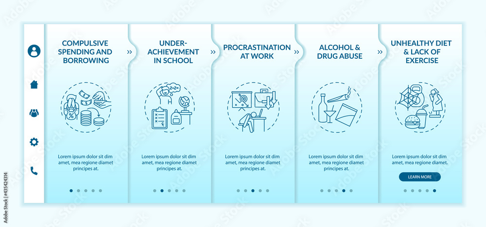 Major self-control problems onboarding vector template. Responsive mobile website with icons. Web page walkthrough 5 step screens. Mental health issues color concept with linear illustrations