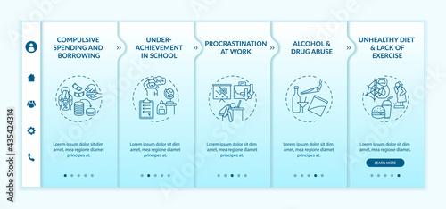 Major self-control problems onboarding vector template. Responsive mobile website with icons. Web page walkthrough 5 step screens. Mental health issues color concept with linear illustrations