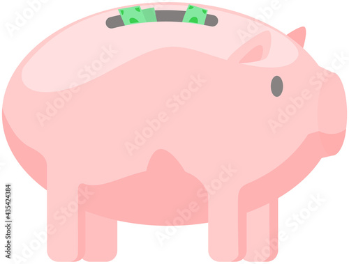 Pig shaped money storage container. Storage device for coins and dollar bills. Piggy bank for money isolated on white background. Piggy bank with sticking out banknotes. Wealth accumulation container