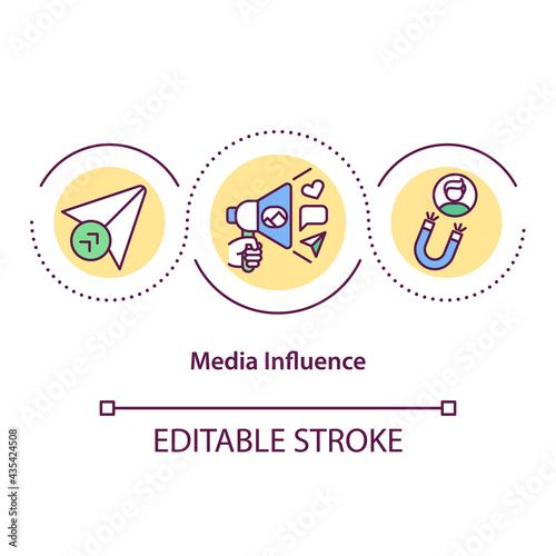 Media influence concept icon. Online promotion, digital marketing. Engaging content, SMM. Personal branding idea thin line illustration. Vector isolated outline RGB color drawing. Editable stroke