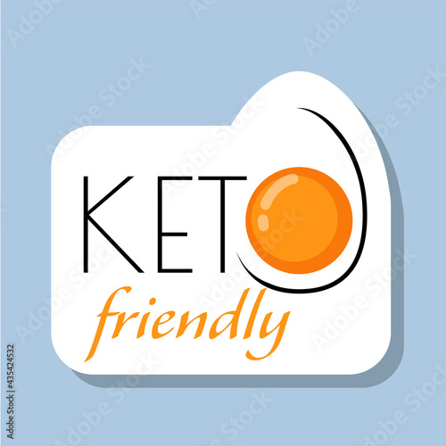 Logo of Ketogenic frienly diet. Typographic stamp of egg for keto friendly for packaging, menu. Flat minimalistic style. Healthy lifestyle. Keto food, low carb high healthy fats.Sign icon illustration
