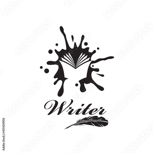 writer icon with book against background of ink blot isolated on white background