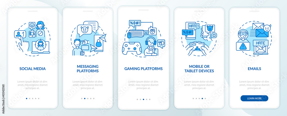 Cyberhumiliation channels onboarding mobile app page screen with concepts. Messaging platforms walkthrough 5 steps graphic instructions. UI, UX, GUI vector template with linear color illustrations