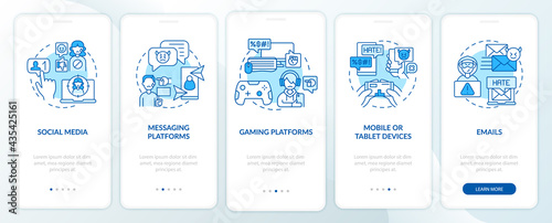 Cyberhumiliation channels onboarding mobile app page screen with concepts. Messaging platforms walkthrough 5 steps graphic instructions. UI, UX, GUI vector template with linear color illustrations photo