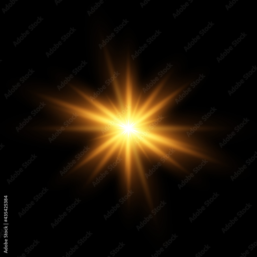 Glow effect. Gold star on a transparent background. Bright sun. Vector illustration.