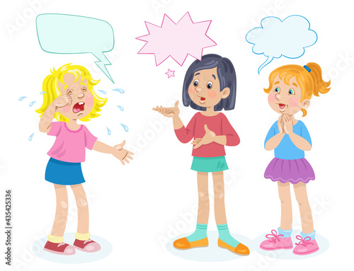 Two confused girls try to calm their crying girlfriend. Dialog with speech bubbles. Place for text. In cartoon style. Isolated on white background. Vector flat illustration.