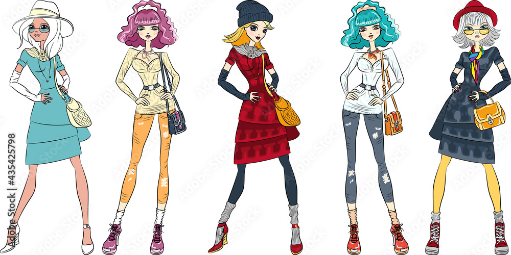 Vector aet of beautiful fashion hipster girls top models in jeans, shirt, boots with bags