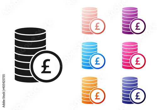 Black Coin money with pound sterling symbol icon isolated on white background. Banking currency sign. Cash symbol. Set icons colorful. Vector
