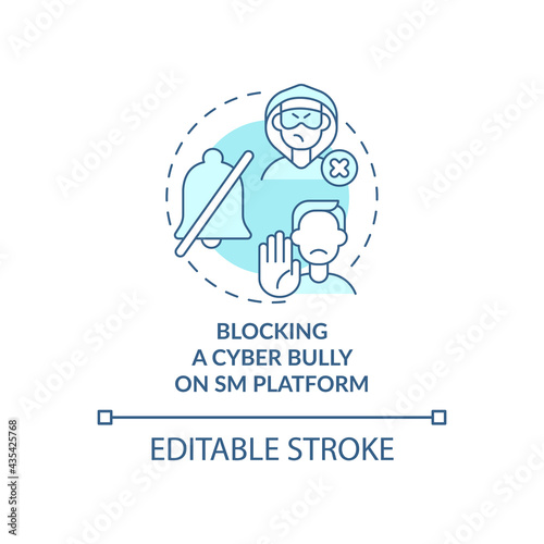 Blocking cyber bully on SM platform concept icon. Reporting cyberbullying idea thin line illustration. Cyberstalkers actions restriction. Vector isolated outline RGB color drawing. Editable stroke