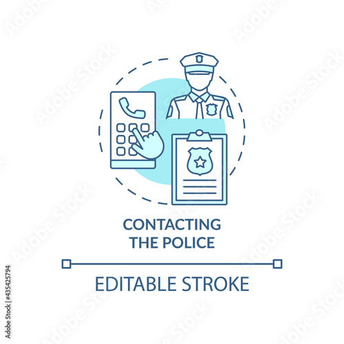Contacting police concept icon. Report cyberbullying idea thin line illustration. Informing police station with report about harassment. Vector isolated outline RGB color drawing. Editable stroke