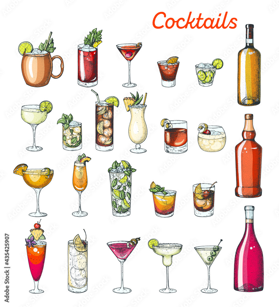 Alcoholic cocktails hand drawn vector illustration. Colorful set. Cognac, brandy, vodka, tequila, whiskey, champagne, wine, margarita cocktails. Bottle and glass. - obrazy, fototapety, plakaty 