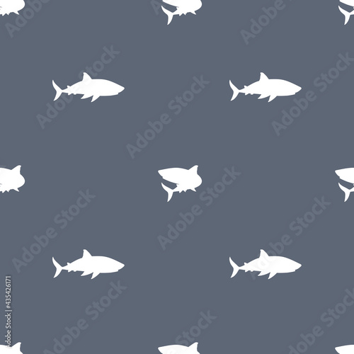 White silhouette sharks seamless pattern on blue background. Simple monochrome endless vector cute illustration