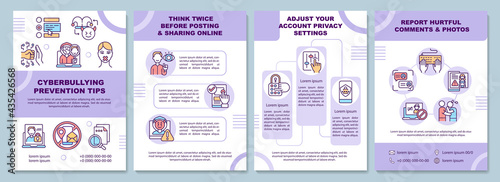 Cyberbullying prevention tips brochure template. Reporting, privacy. Flyer, booklet, leaflet print, cover design with linear icons. Vector layouts for presentation, annual reports, advertisement pages