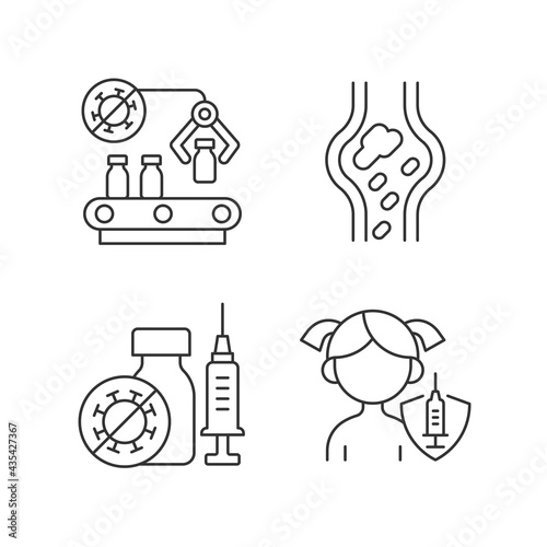 Vaccination linear icons set. Pharmaceutical manufacture. Drug production and distribution. Customizable thin line contour symbols. Isolated vector outline illustrations. Editable stroke