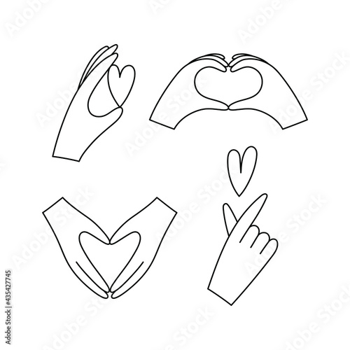Set of hands making heart sign, holding heart, korean heart gesture, finger love symbol - Vector hand drawn illustration