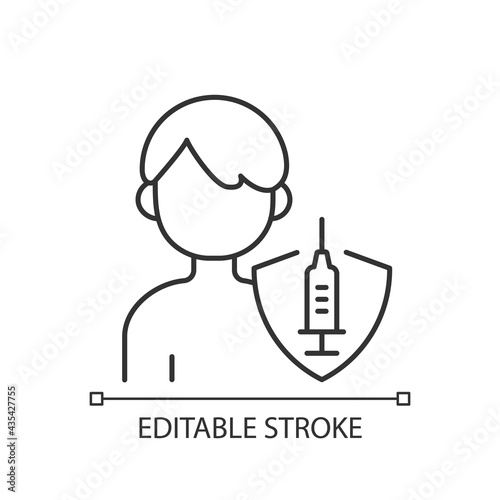 Vaccination of teens linear icon. Teenage child immunization. Hospital patient. Health care. Thin line customizable illustration. Contour symbol. Vector isolated outline drawing. Editable stroke