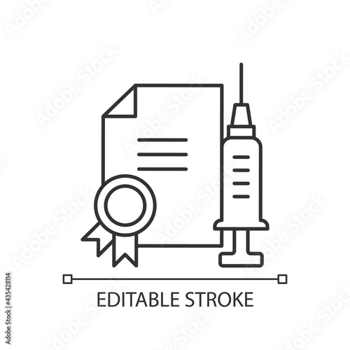 Vaccine quality certificate linear icon. Vaccination license. Disease treatment. Thin line customizable illustration. Contour symbol. Vector isolated outline drawing. Editable stroke