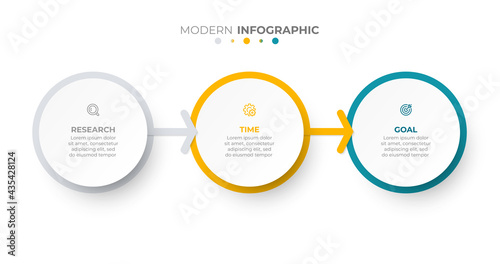 Business infographic template. Timeline design label with circle and 3 steps, options or processes.