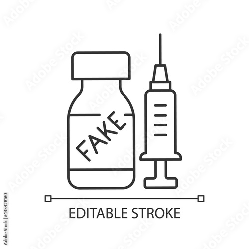 Fake vaccine linear icon. False covid drug. Fraudulent medication. Disease treatment problem. Thin line customizable illustration. Contour symbol. Vector isolated outline drawing. Editable stroke