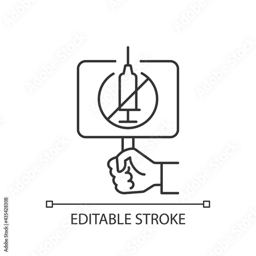 Anti vaxxer linear icon. Demonstration against covid drug injections. Placard for antivax protest. Thin line customizable illustration. Contour symbol. Vector isolated outline drawing. Editable stroke