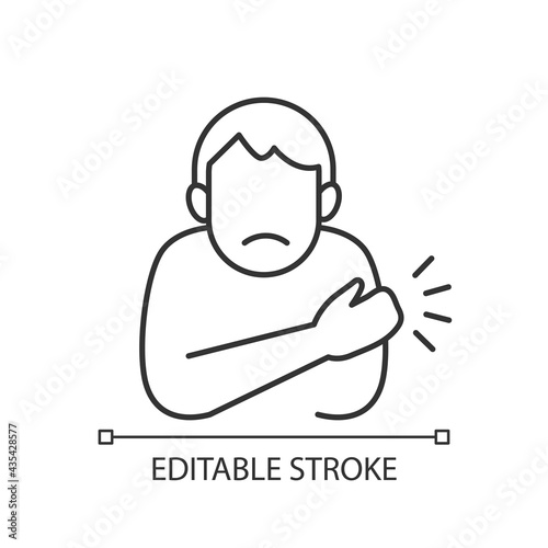 Arm swelling linear icon. Rash on hand. Allergic reaction. Vaccination side effect. Sore arm. Thin line customizable illustration. Contour symbol. Vector isolated outline drawing. Editable stroke