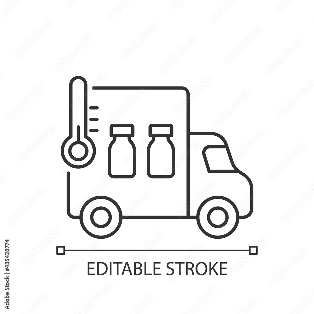 Vaccine transportation linear icon. Drug distribution. Pharmaceutical remedy shipment van. Thin line customizable illustration. Contour symbol. Vector isolated outline drawing. Editable stroke