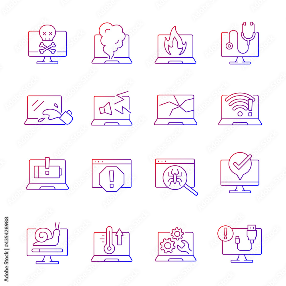Computer problem gradient linear vector icons set. Laptop not starting, screen error. System failure. Hardware crash. Thin line contour symbols bundle. Isolated vector outline illustrations collection Computer problem gradient linear vector icons set. Laptop not starting, screen error. System failure. Hardware crash. Thin line contour symbols bundle. Isolated vector outline illustrations collection